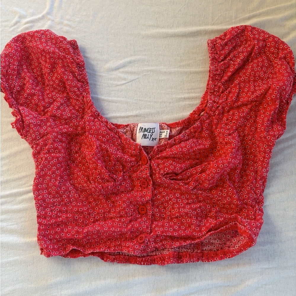 Princess Polly Bright Red Floral Button Crop Top